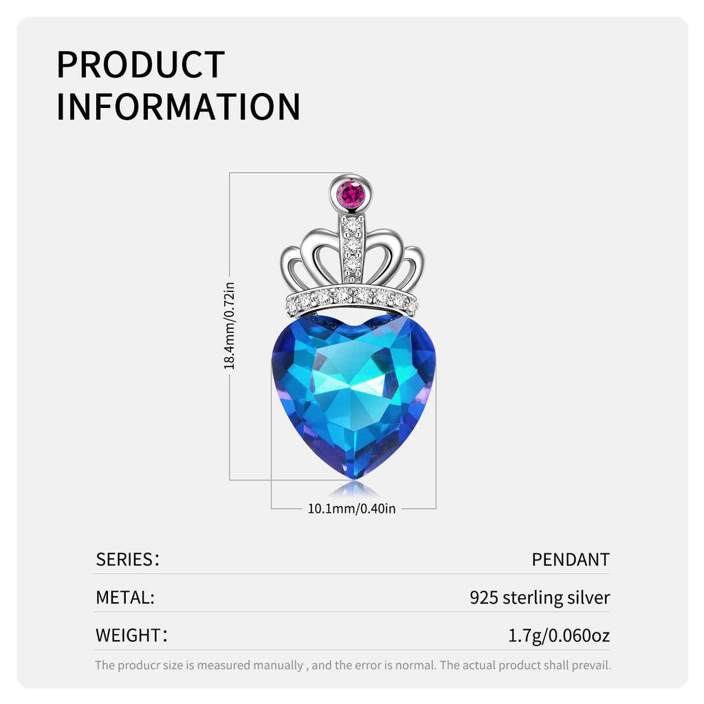 Heart crown pendant necklace size diagram with blue heart stone and pink top