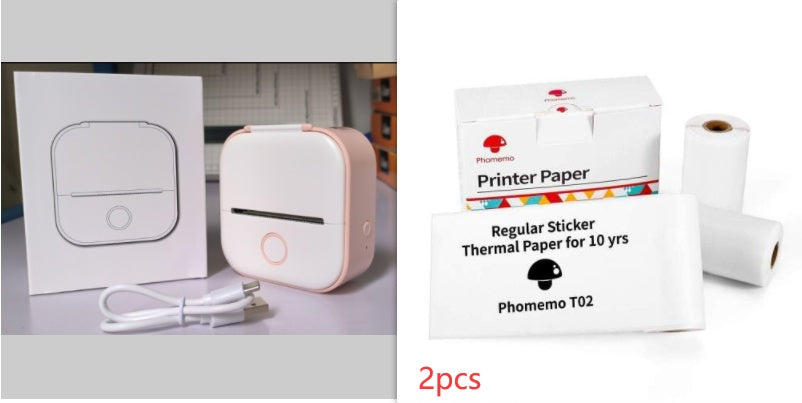 Portable mini thermal label printer kit with white printer and printer paper rolls