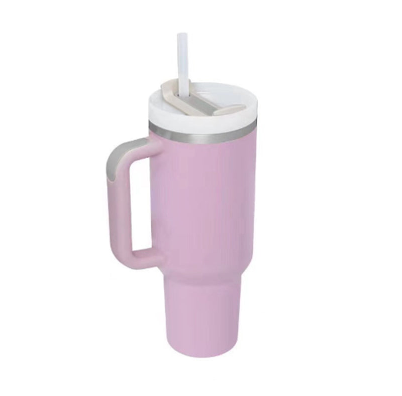 Insulated tumbler with handle, pastel lavender finish, stainless lid and clear straw
