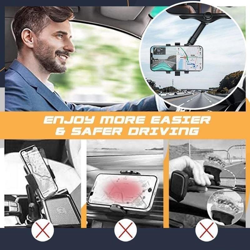 Black rearview mirror phone holder with phone clamp and central rotating joint