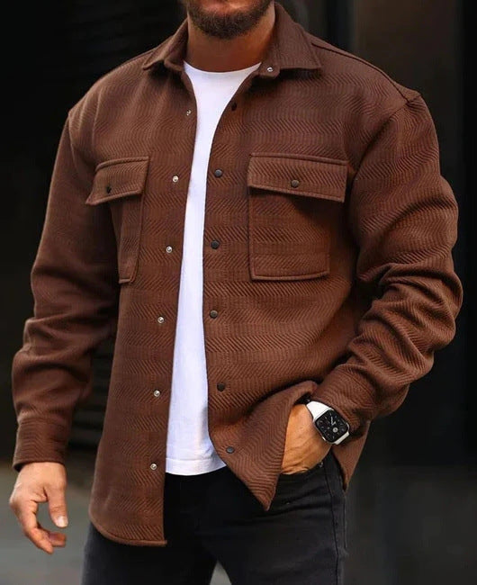 Men's polo-collar coat shirt in dark brown with button front and flap chest pockets.