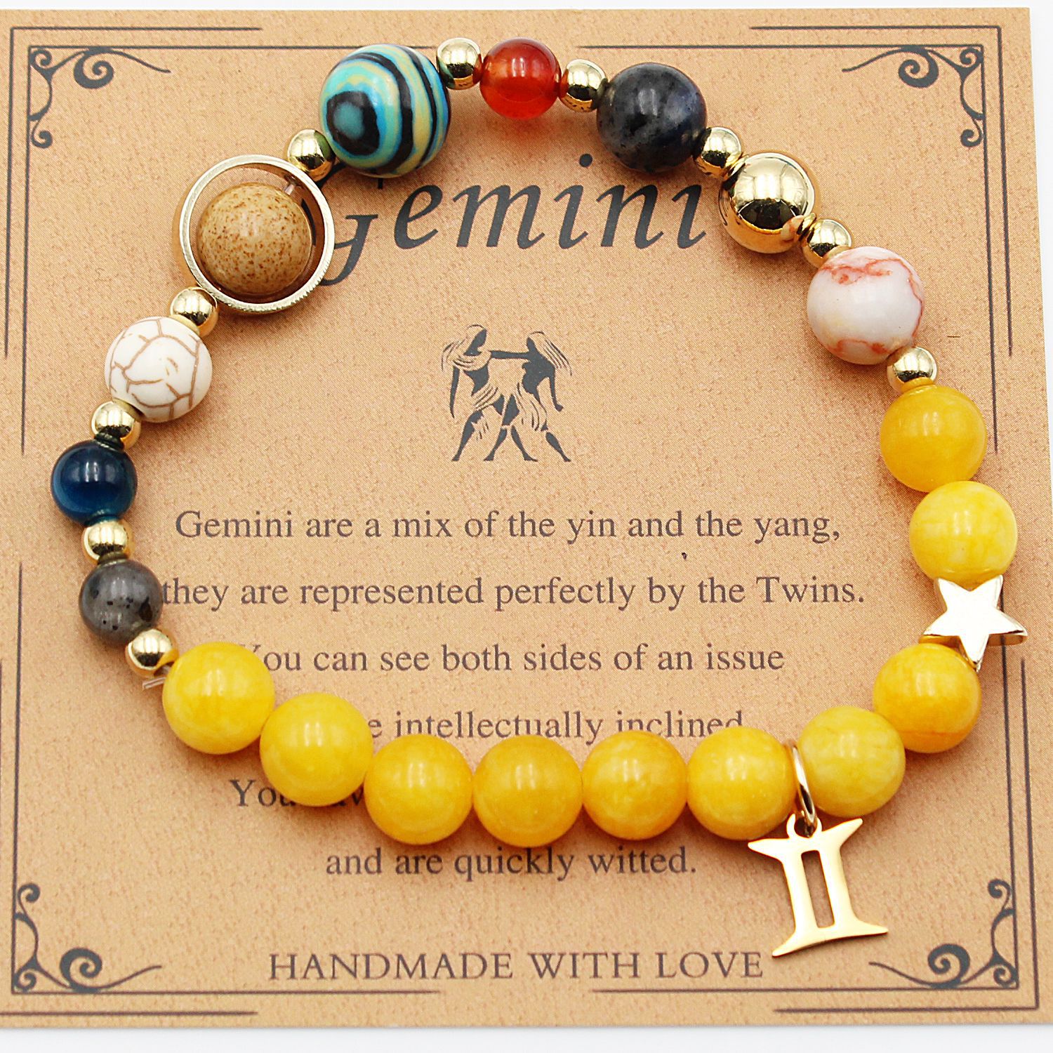 Gemini zodiac beaded bracelet with yellow beads, multicolor beads, and gold Gemini charm