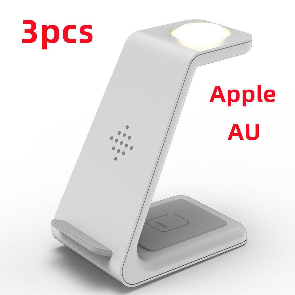 White wireless charger stand with phone cradle and glowing top indicator