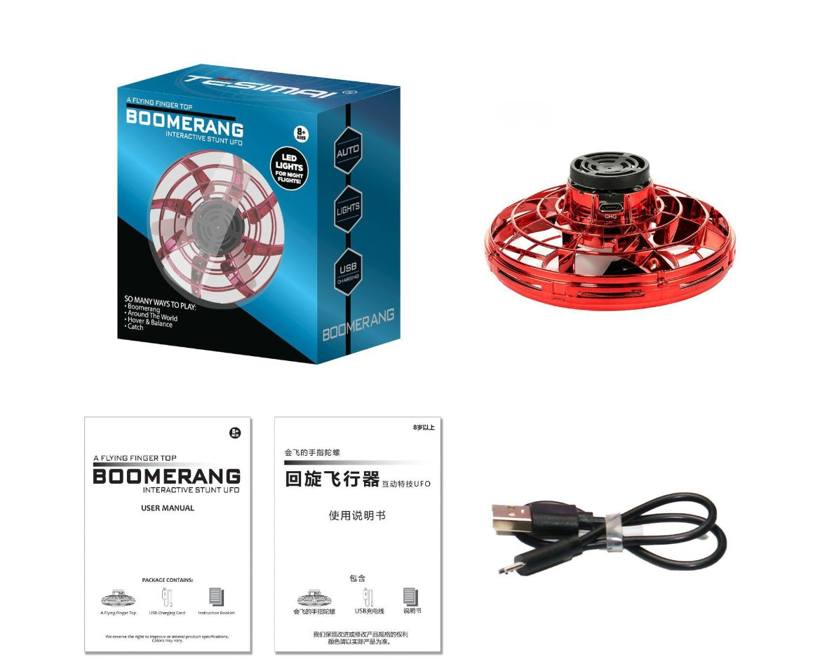 Red LED UFO fingertip spinning toy drone, retail box and USB charging cable