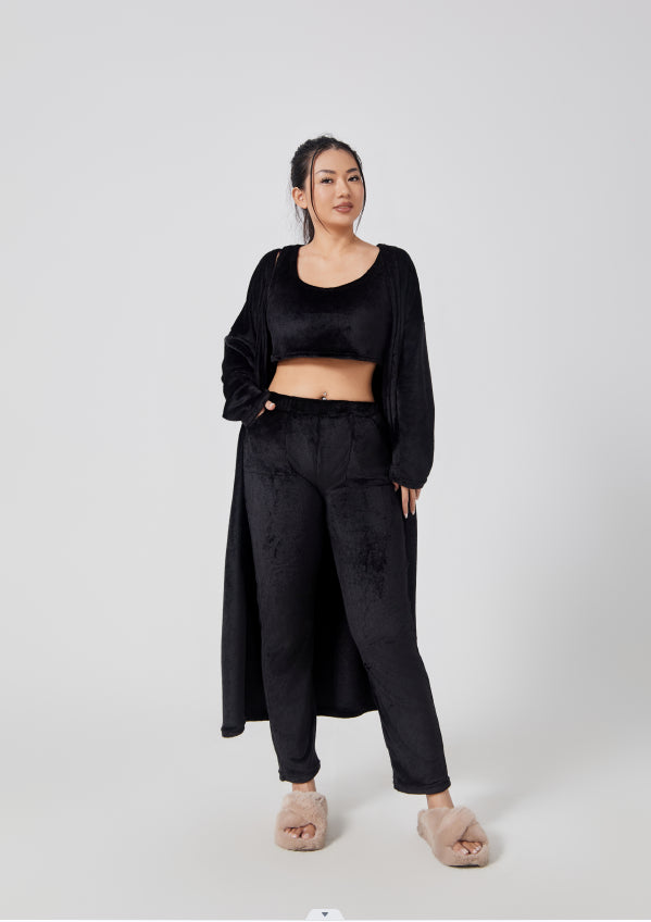 Black 3-piece pajama set with long cardigan, cropped top and matching pants