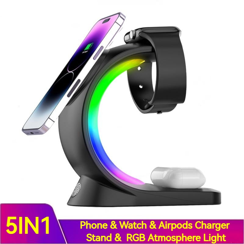 Magnetic wireless charger stand in black with RGB ring light and dock for phone and watch