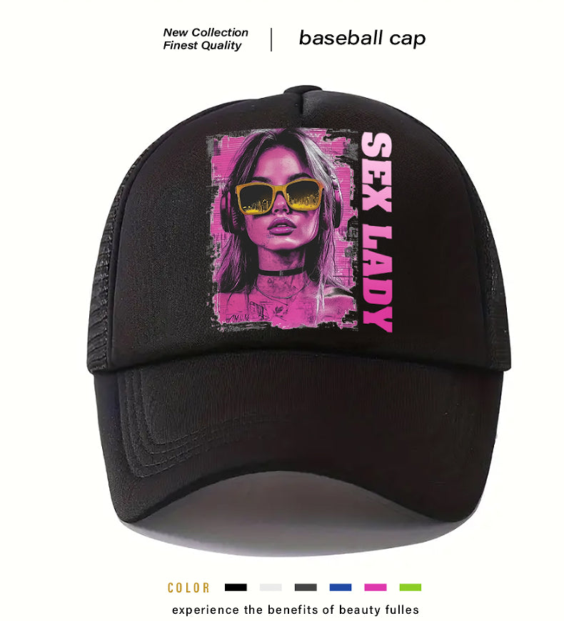 Black baseball cap with front graphic print and curved brim