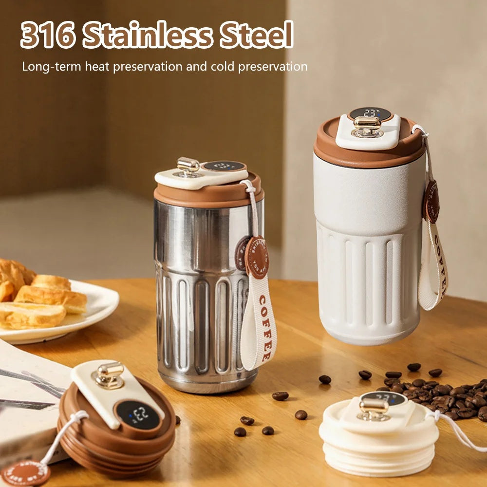 Vacuum insulated coffee mug thermos set with digital lids and carry straps, silver and white