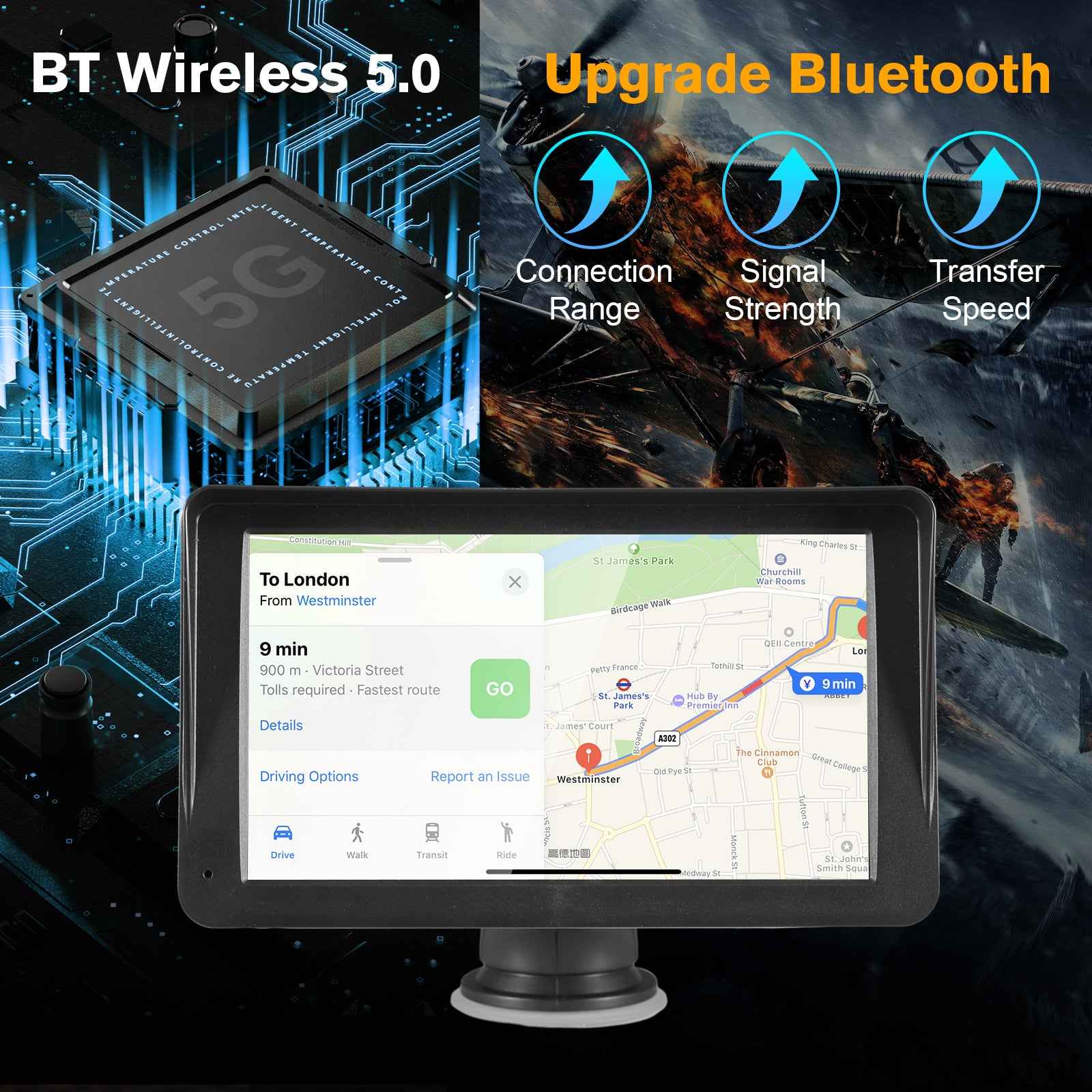 Portable car stereo with 7-inch touchscreen showing a navigation map and route options