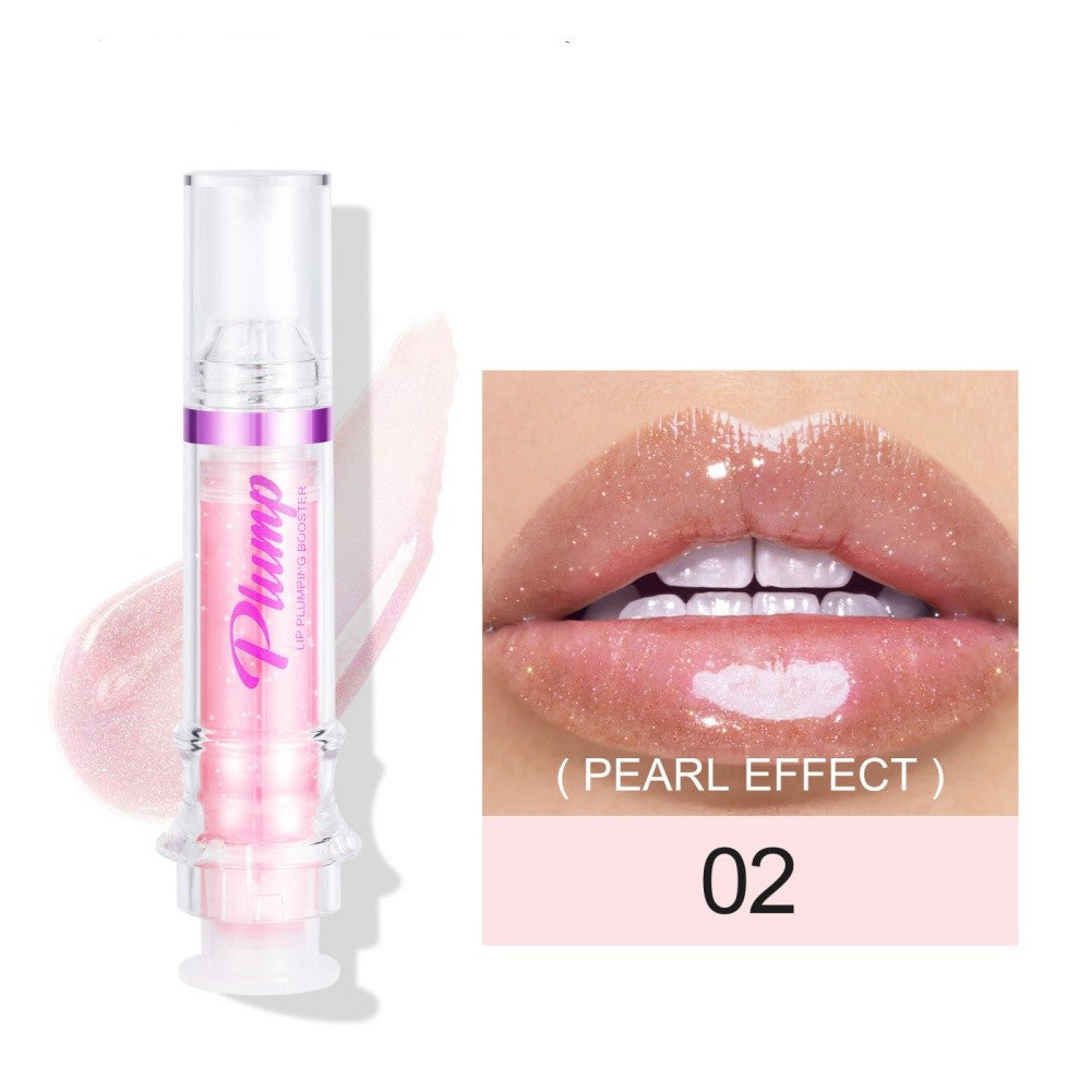 Lip plumping booster lip gloss tube with applicator and lip swatch, shade 02