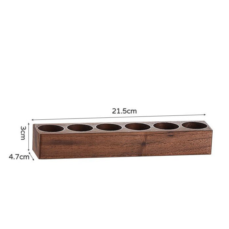 Wooden bean bottle display rack with circular openings, 21.5 cm long