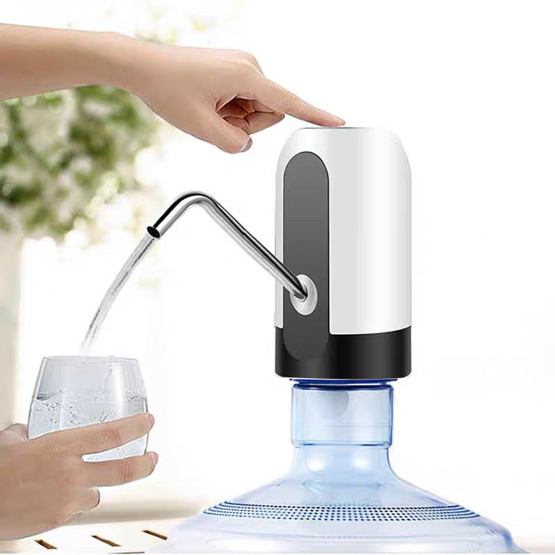Automatic electric water bottle pump with white and black housing dispensing from metal spout