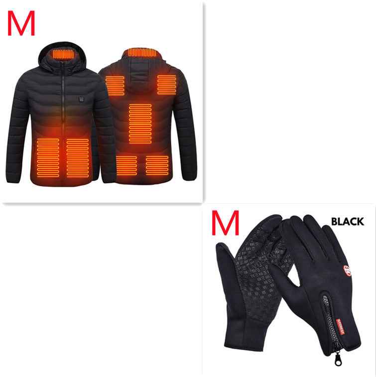 Men's zip-up heated jacket with glowing rectangular heating panels on front and back
