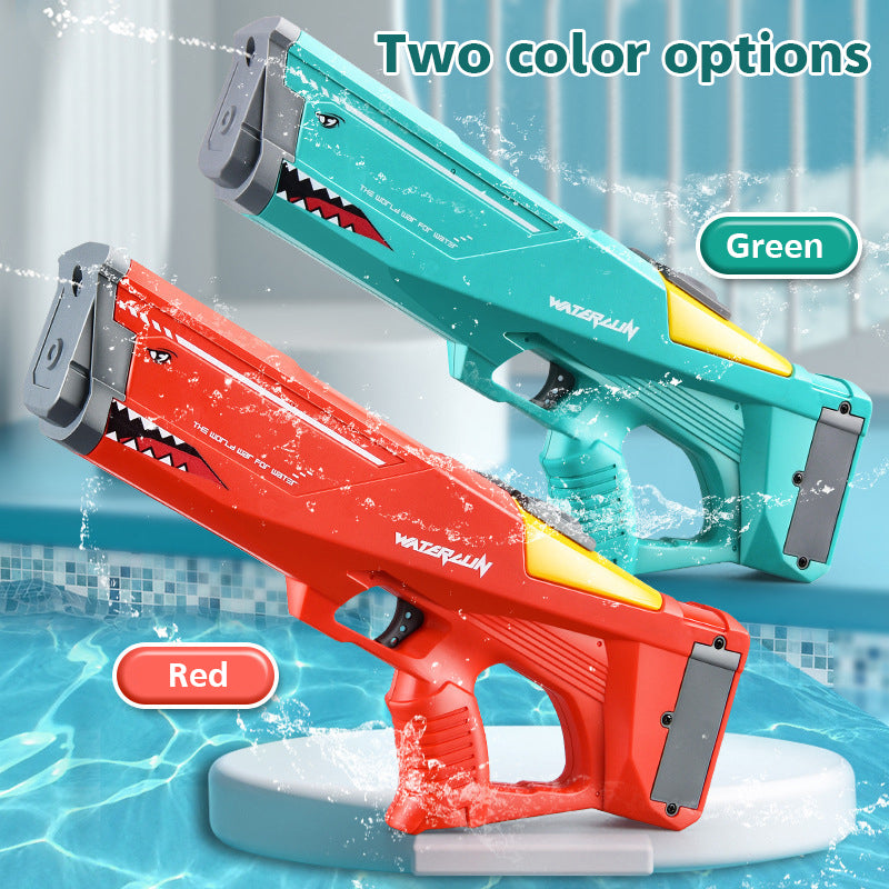 Automatic water gun toy set, red and green with yellow nozzle tips and side grips.