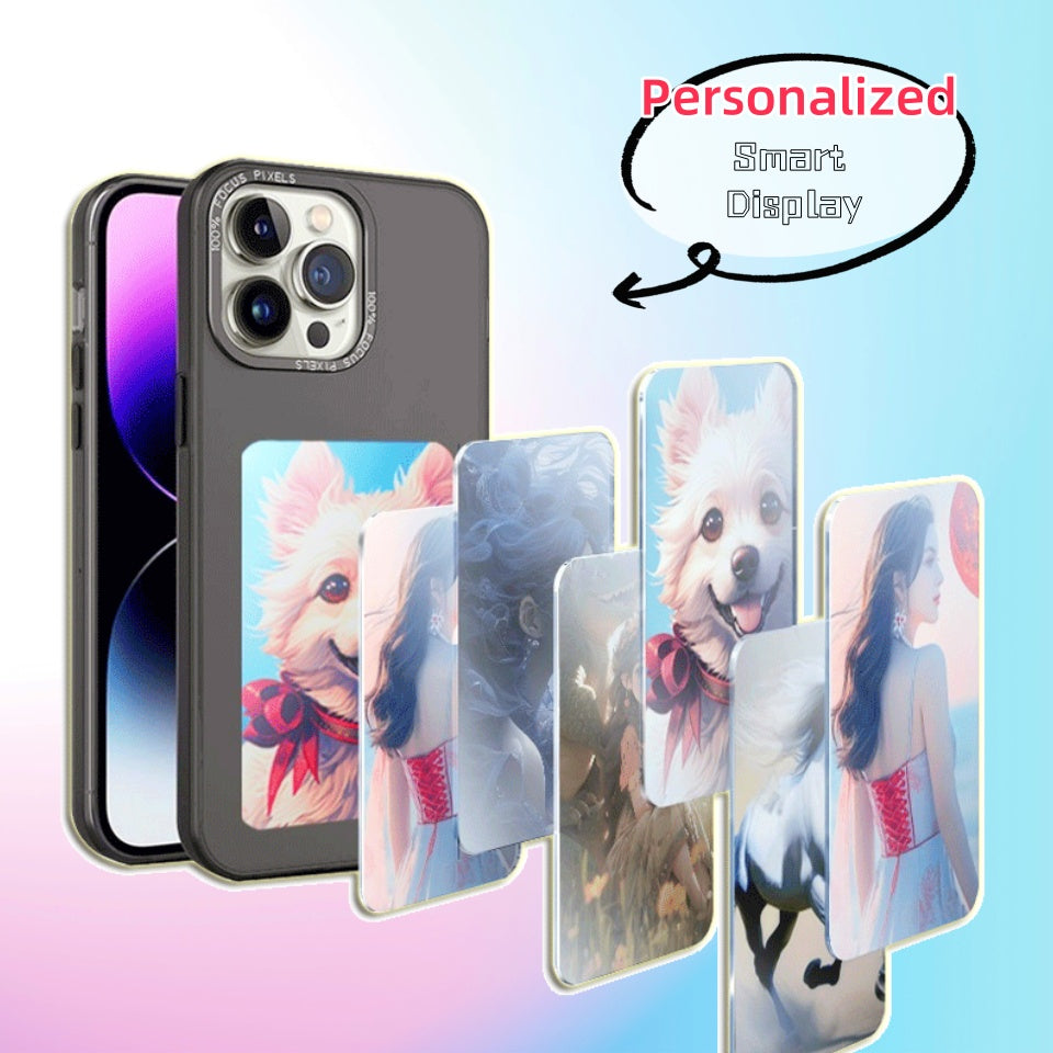 Black phone case with dual camera cutout and custom dog photo display panel