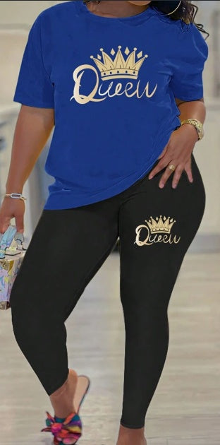 Two-piece top and leggings set: blue short-sleeve and black leggings with crown Queew print