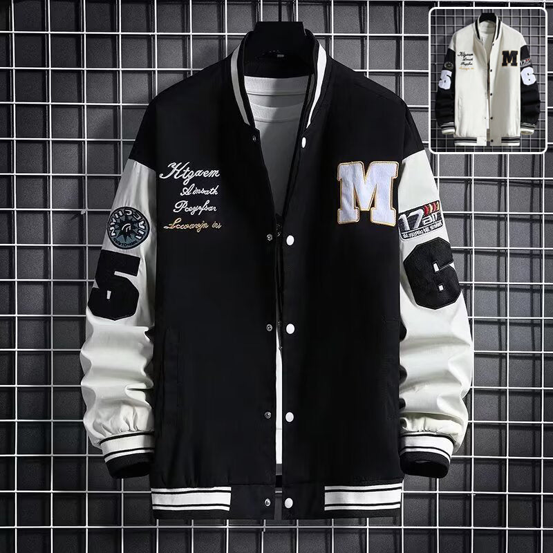 Men's black baseball jacket with button front, 'M' patch, and varsity sleeve details