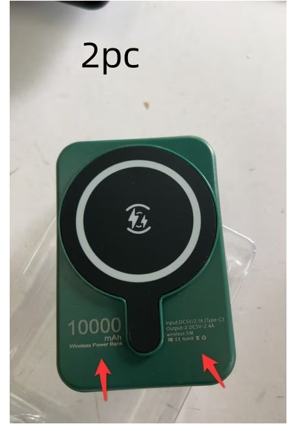 Set of two green mini magnetic wireless power banks with charging icon