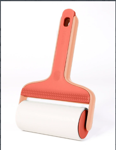Pink hair adhesive tape roller applicator with single handle and white adhesive pad