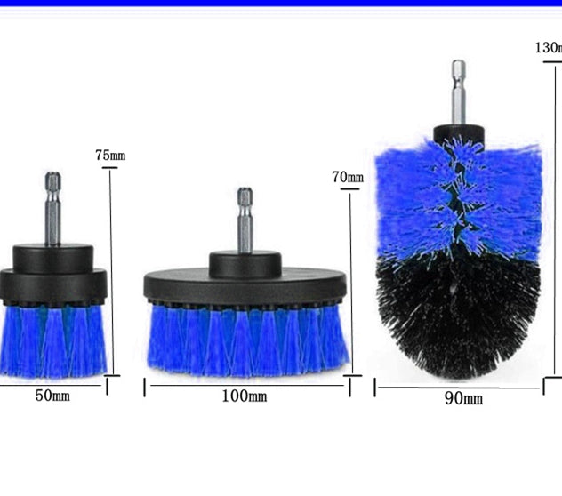 Electric drill cleaning brush attachment with blue bristles, black base, and connector