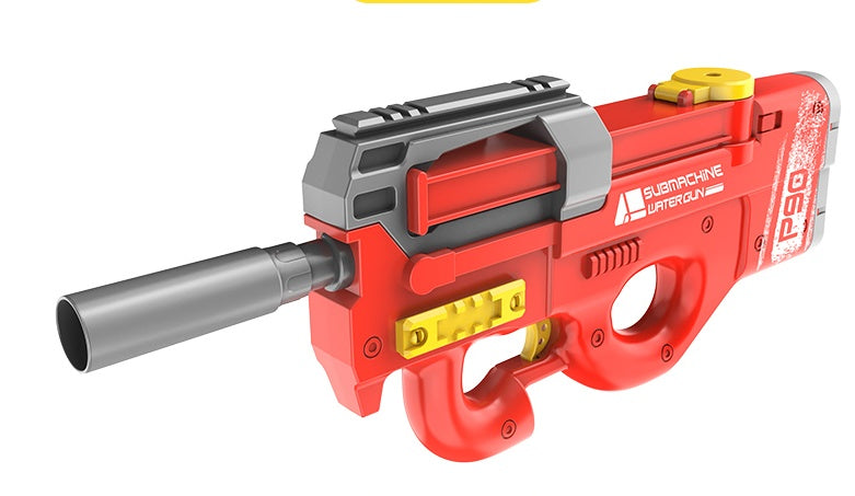Red automatic water gun toy with gray barrel and yellow switch details.