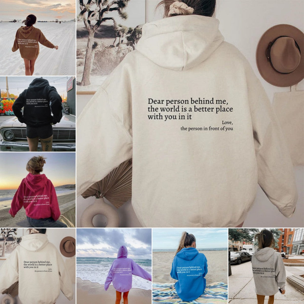 White plush letter-print kangaroo-pocket hoodie, back view with hood and drawstring