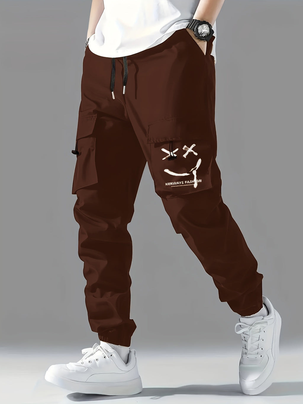 Wine red straight ankle cargo jogger pants with utility pockets and tied drawstring hem