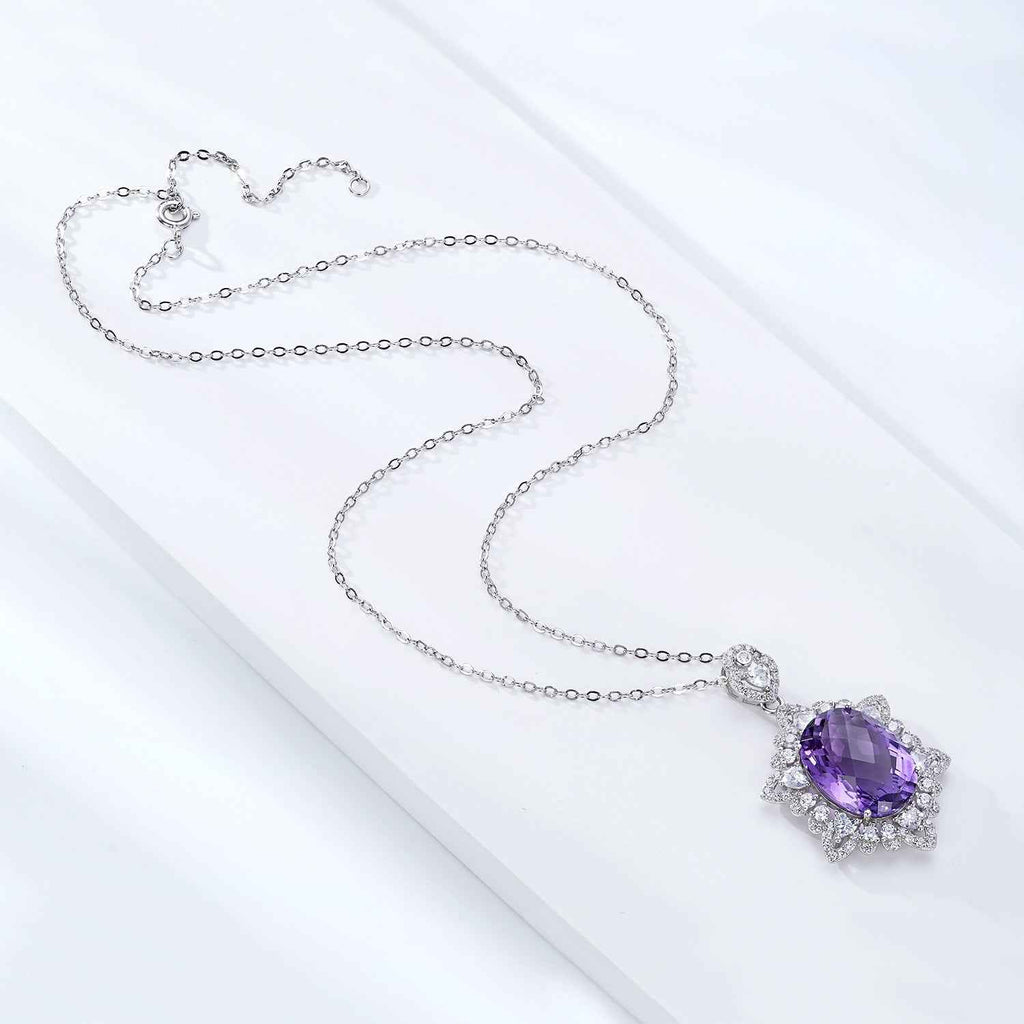 925 silver amethyst necklace with fine chain and purple oval gemstone flower pendant