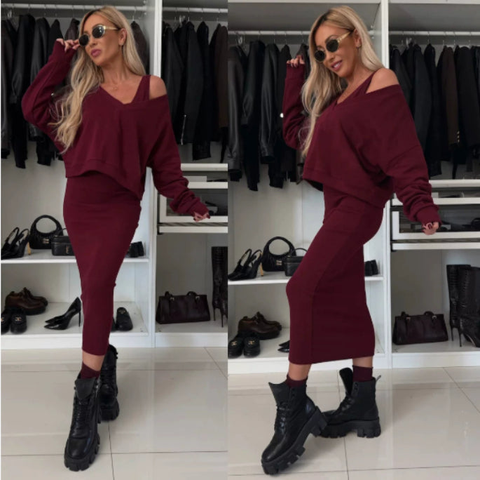 Women’s two-piece set: burgundy long-sleeve V-neck top and midi dress
