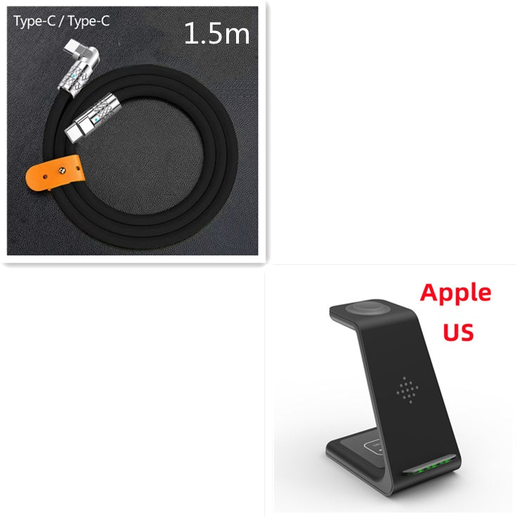 Charging cable set with 1.5m USB and black 3-in-1 wireless charging stand