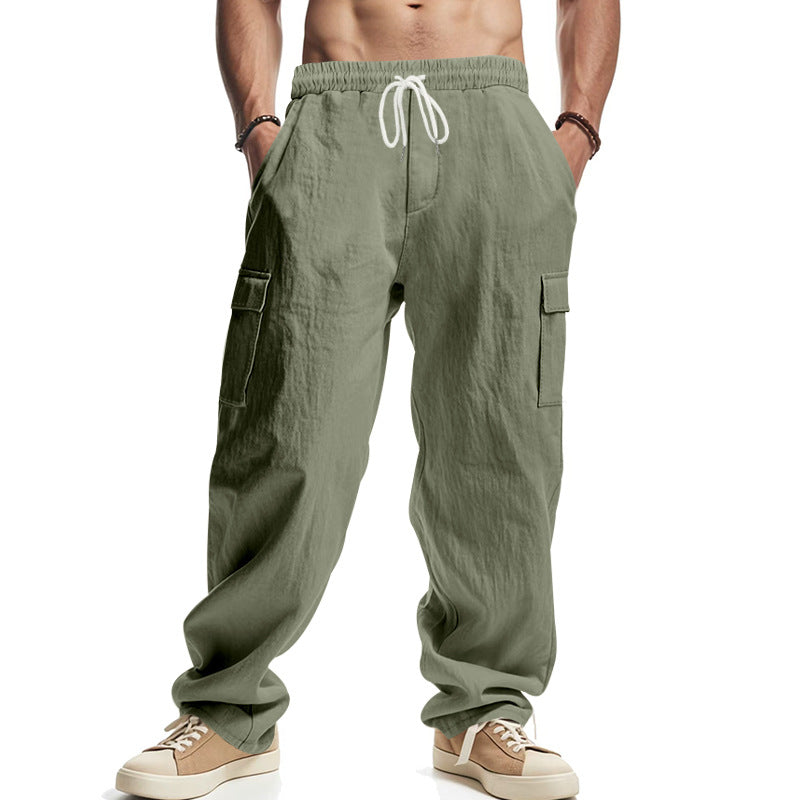 Men's linen cargo pants, army green wide-leg with elastic drawstring waist and side pockets