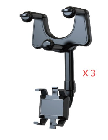 Rearview mirror phone holder with U-shaped clamp and lower phone cradle, black