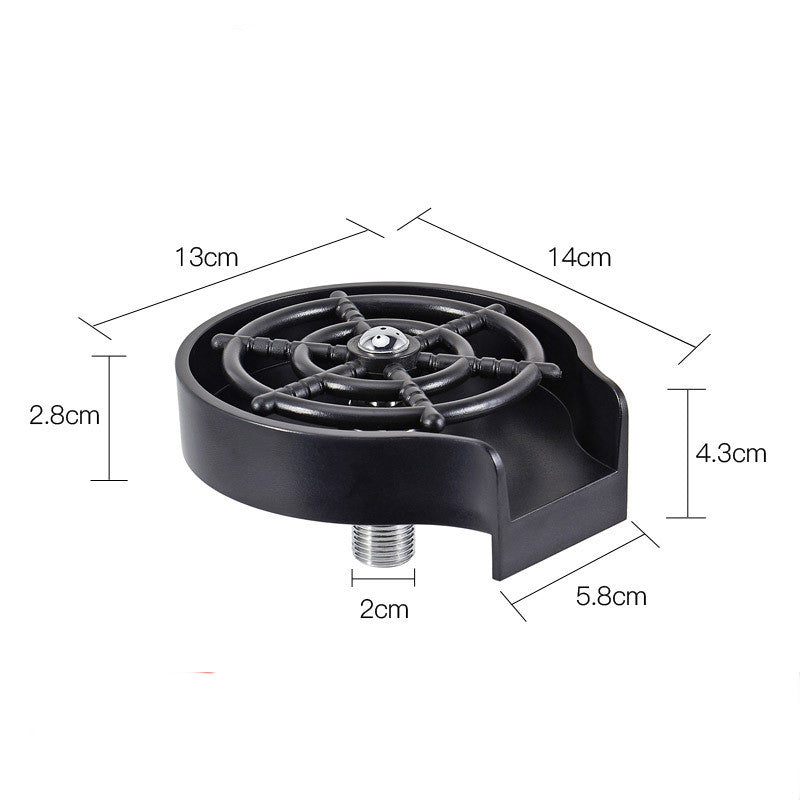 Cup washer base with black sprayer wheel and threaded water connection, 3D view