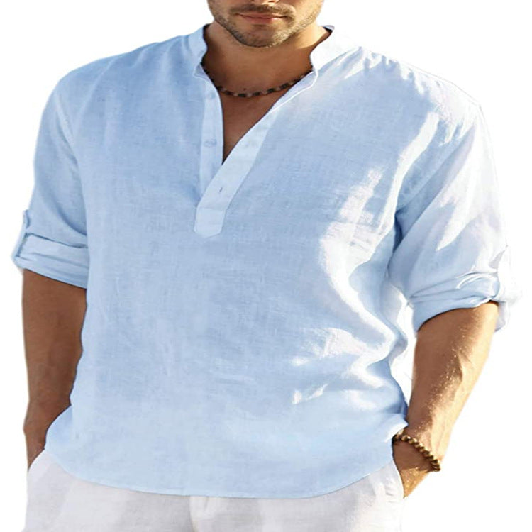 Men's cotton-linen short-sleeve shirt, light blue, stand collar, button placket