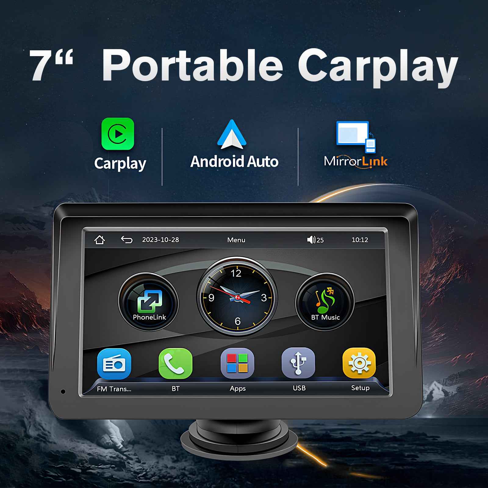 7-inch portable car stereo with touchscreen showing CarPlay, Android Auto, and MirrorLink