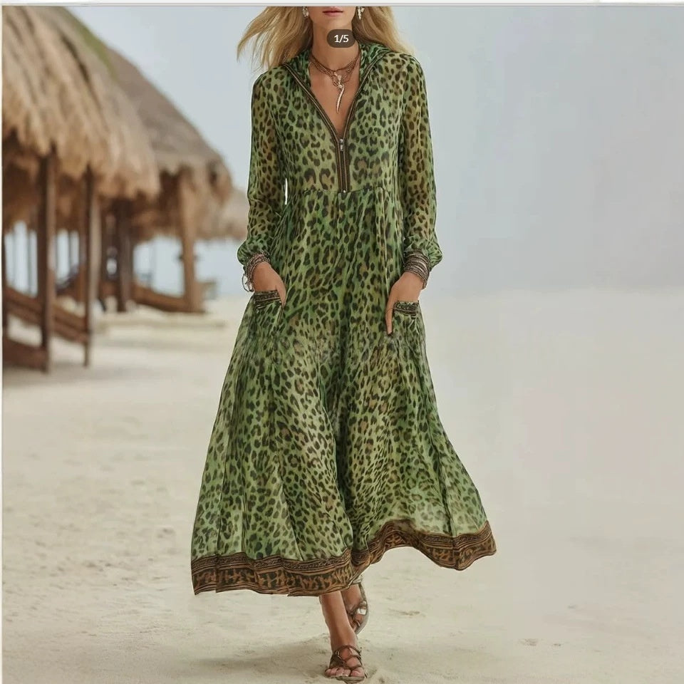 Green leopard-print hooded maxi dress with deep V neckline and flowing tiered skirt