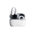 Wireless Bluetooth earbuds in charging case, white earbuds with black tips