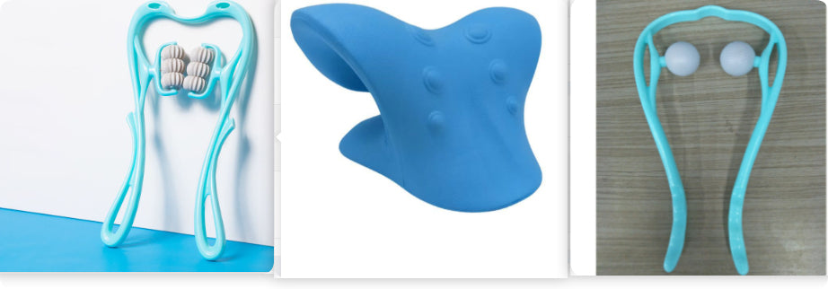 Blue neck massager roller with curved frame and molded head pad
