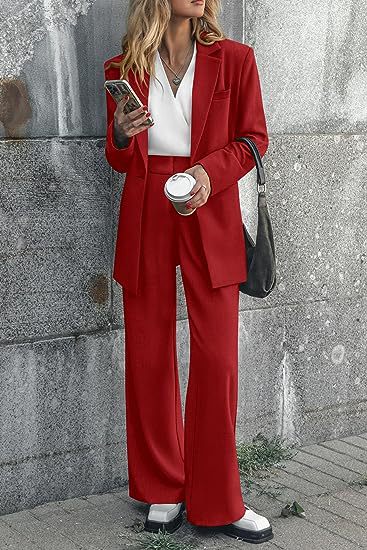 Women’s red coat and trousers suit, tailored blazer with wide-leg trouser pants