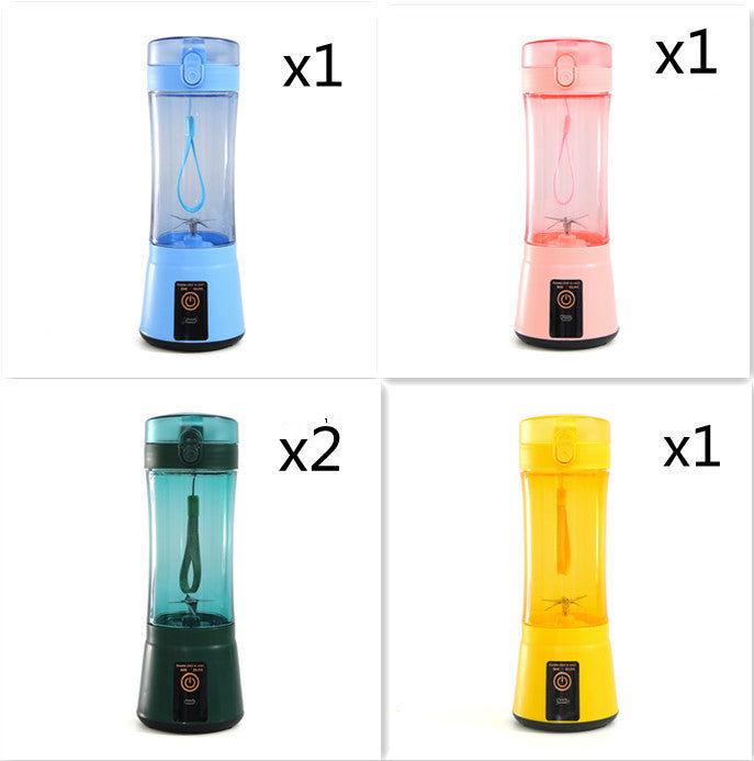 Portable electric fruit juicer mini blender set with light blue, pink, teal, and yellow