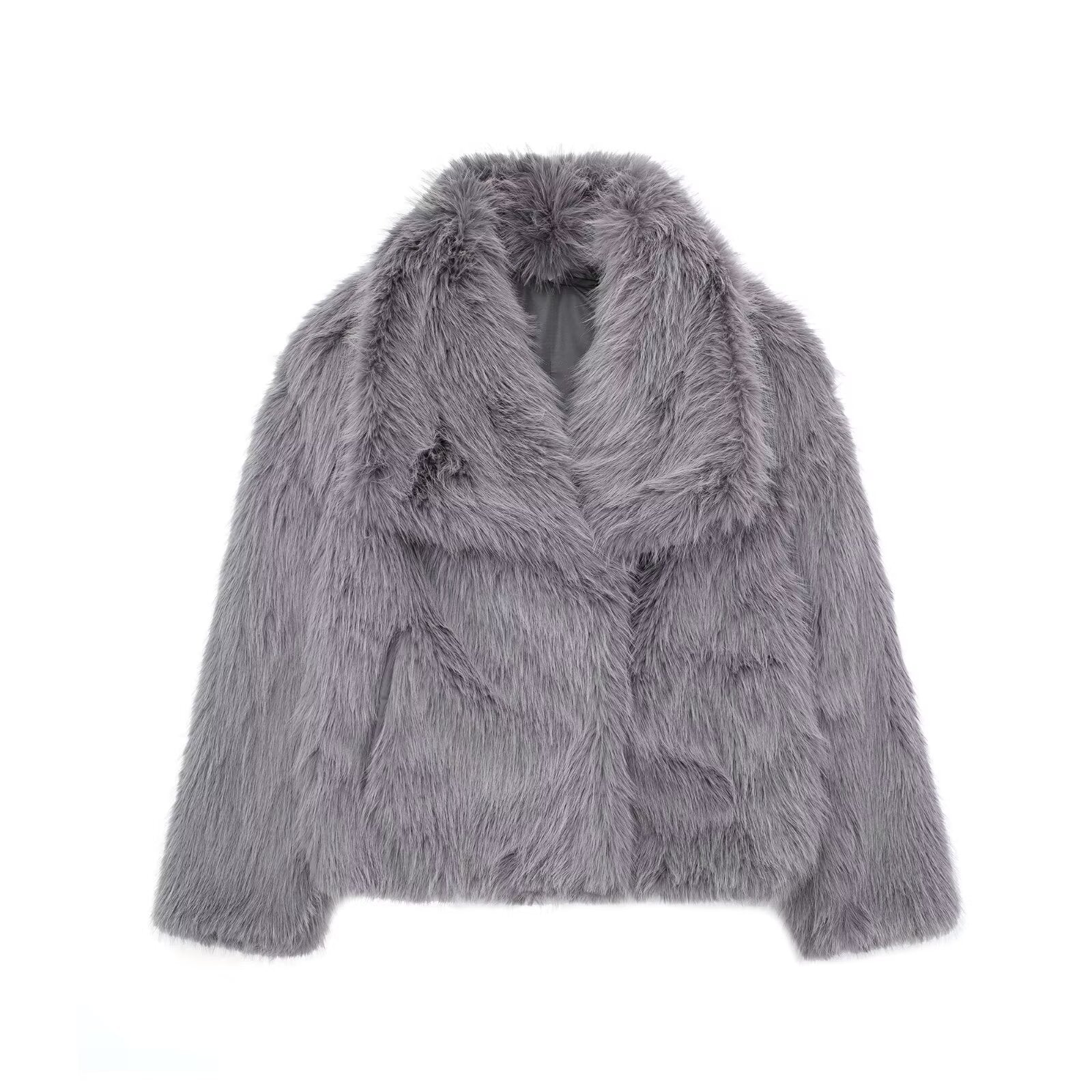 Winter plush faux fur coat, long sleeves, shawl collar, gray