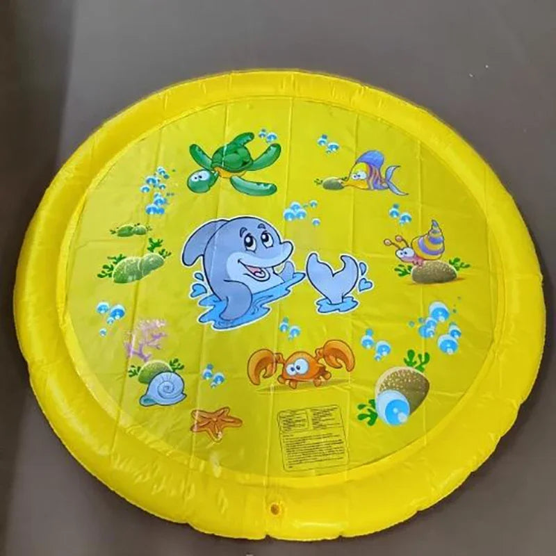 Yellow inflatable splash pad with sea-life graphic and non-slip texture for outdoor water play