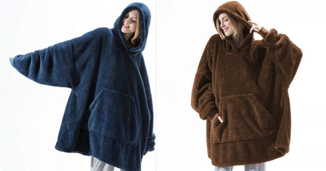 Fleece hoodie sweatshirt in navy blue and dark brown, hooded with large front pocket