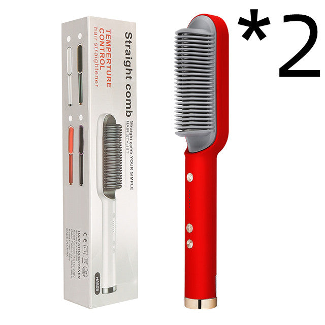 2-in-1 hair straightener hot comb electric hair brush, red handle with comb and box
