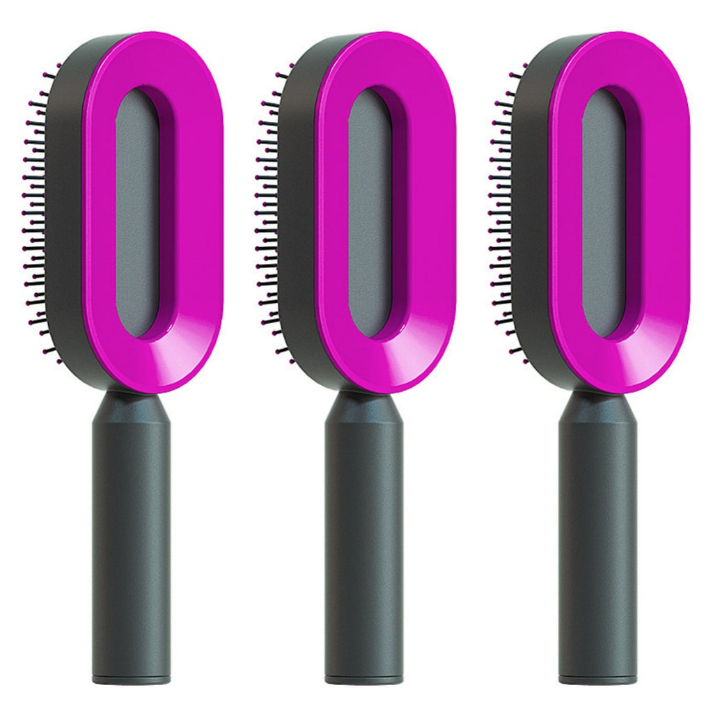 Self-cleaning hair brush set with oval purple cleaning heads and dark handles