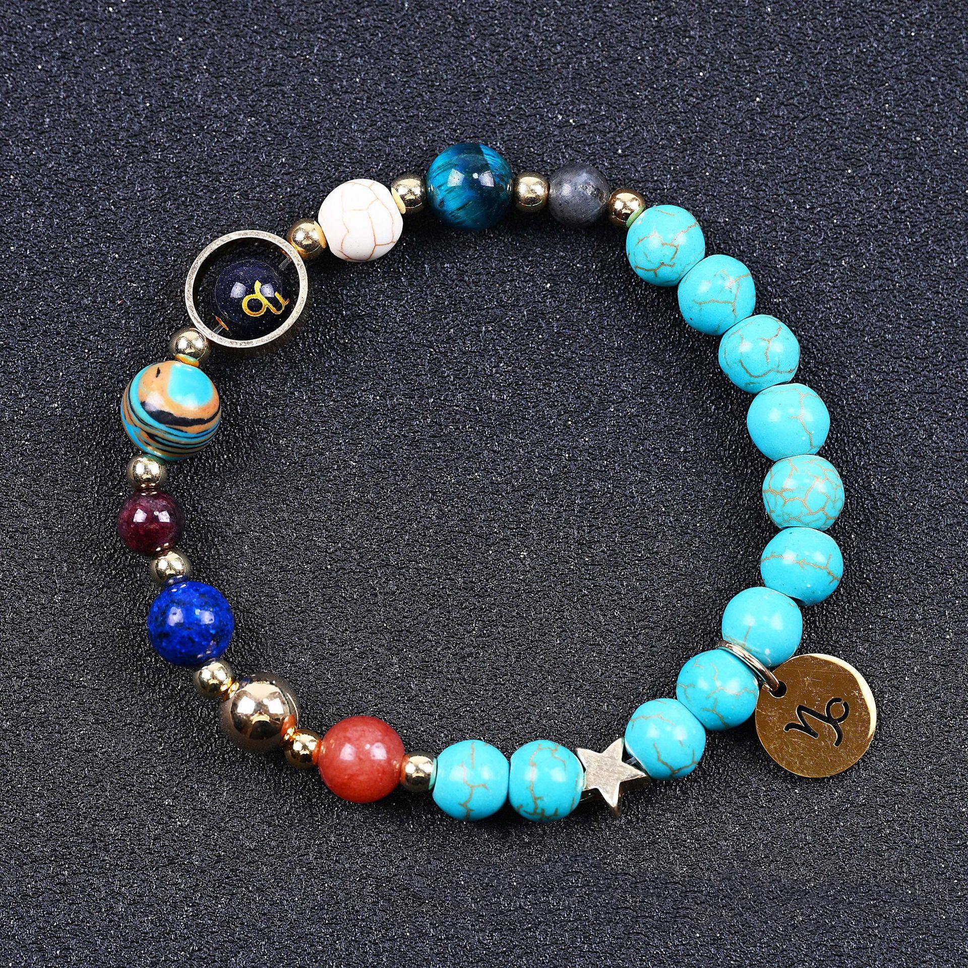 Turquoise beaded bracelet with mixed gemstone beads and round zodiac charm on end