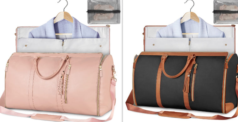 Pair of travel duffle bags: pink and black with tan trim, open garment organizers, shoulder straps
