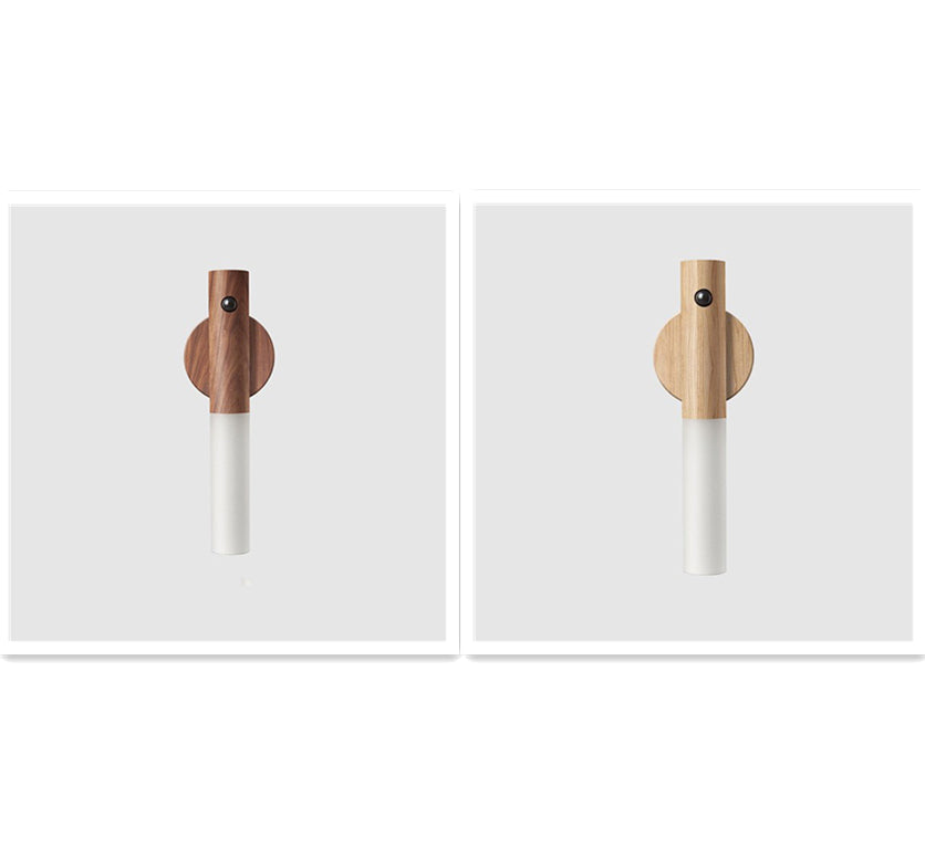 Set of two magnetic LED night lights with wood tops: dark and light finishes