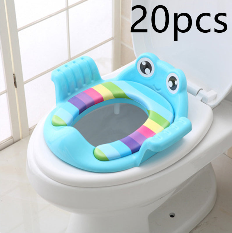 Blue toddler toilet seat 20-pack with animal face, striped inner pad, and side grips