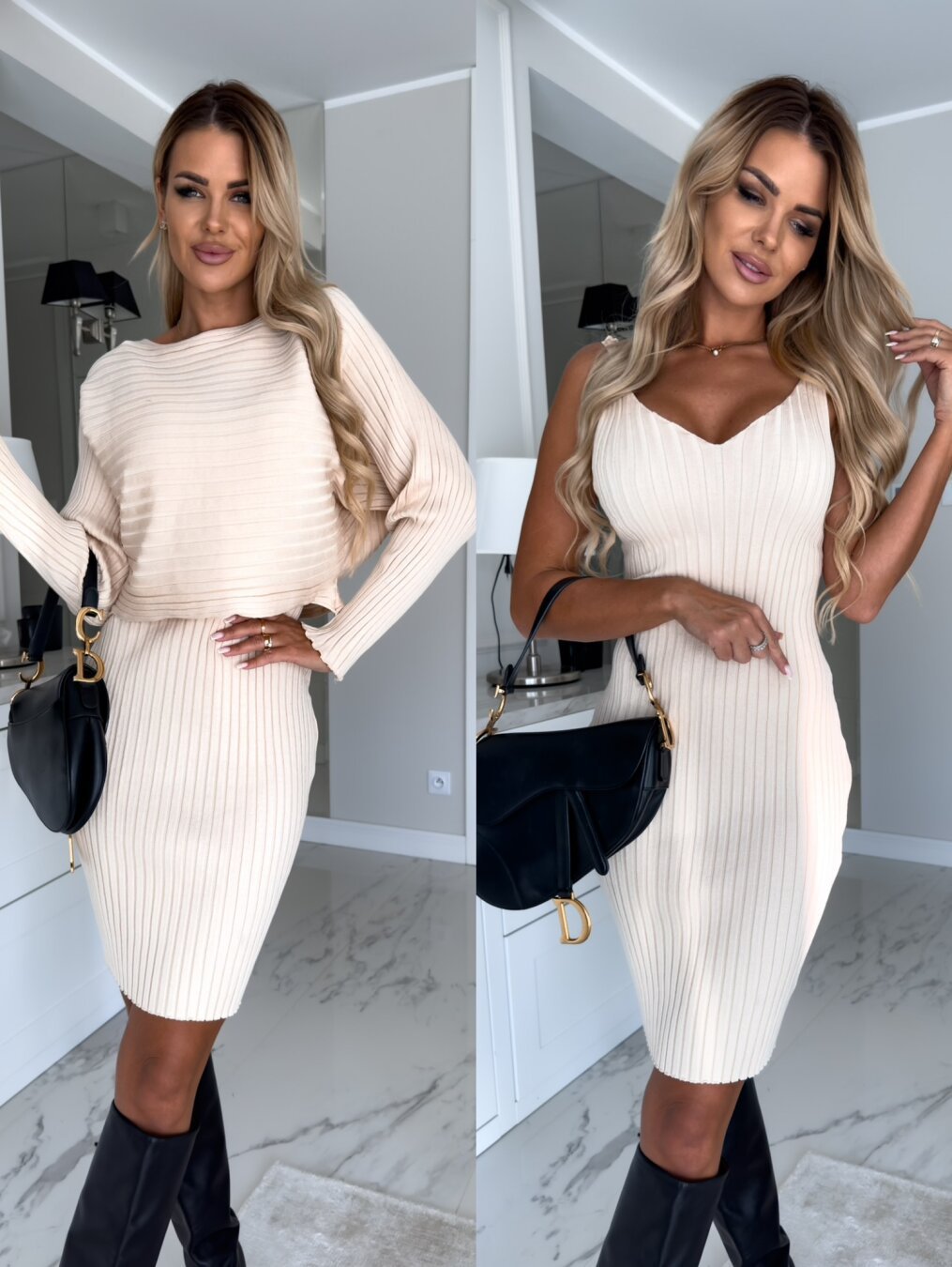 Women’s ribbed knit top and suspender skirt set, beige, long sleeves